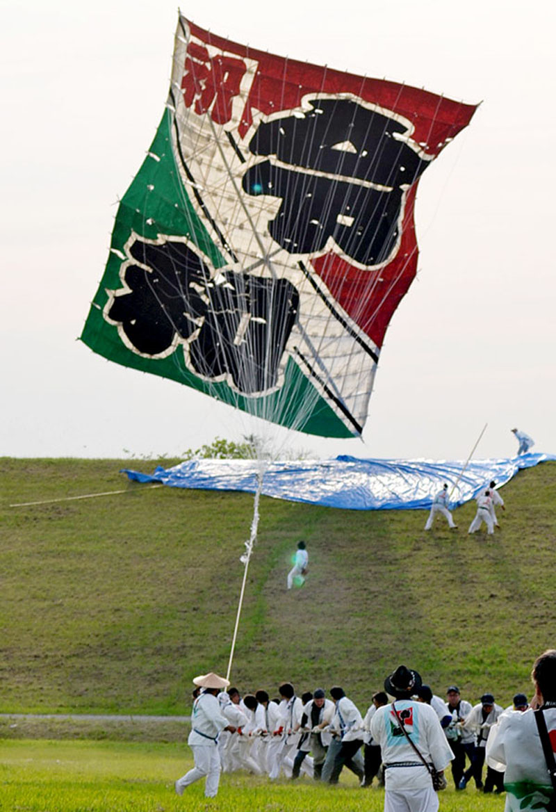 風を受け青空を勇壮に舞う「令和」の大凧＝2019年5月3日、春日部市の江戸川河川敷