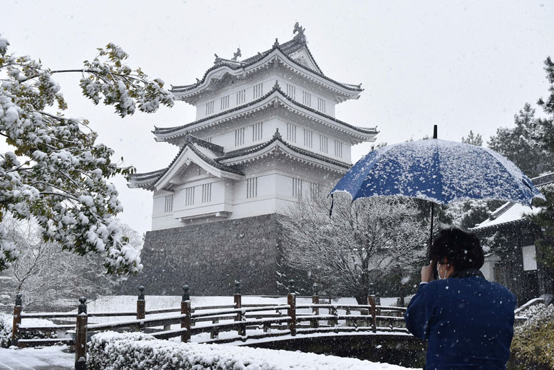 雪化粧し、風情ある姿となった忍城＝10日午後1時15分ごろ、行田市本丸