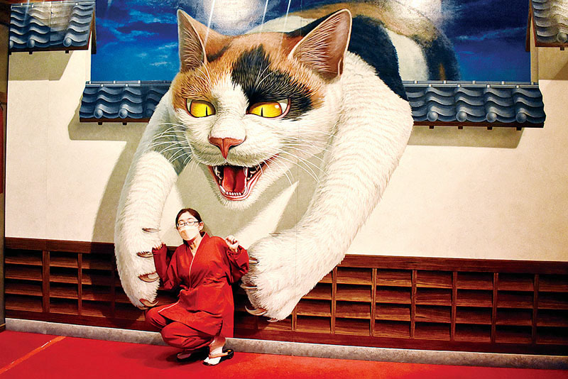 塀の上から化け猫が襲うアート作品＝長瀞町の長瀞トリックアート有隣倶楽部