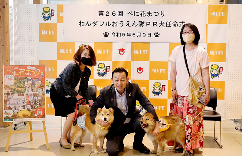 小野市長から「第26回べに花まつり　わんダフルおうえん隊PR犬」に任命された熊五郎（左）とスト＝桶川市役所