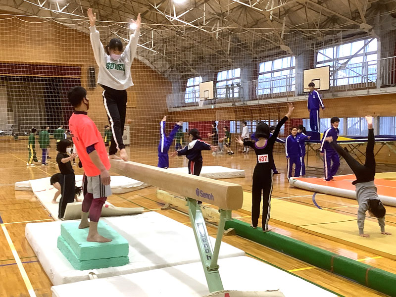 体操部と体操クラブが体育館で器具を共有し専門家が指導。一体的に活動を続ける杉戸中学校