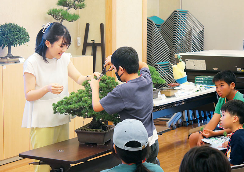 盆栽の剪定を子どもたちに教える清水ちえりさん（左）＝19日午後、埼玉県さいたま市北区の大宮盆栽美術館