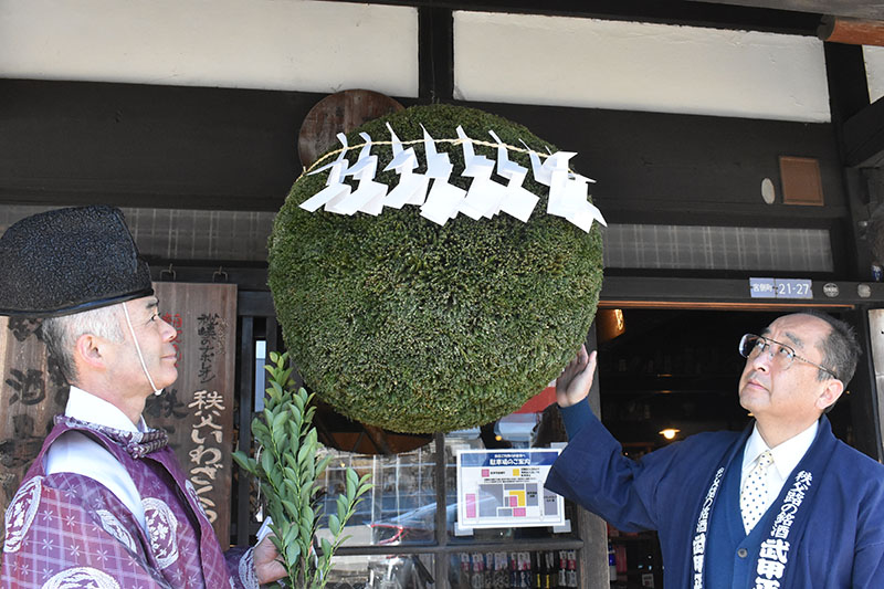 秩父神社からお払いを受け、新たにかけ替えられた杉玉＝16日午前11時半ごろ、埼玉県秩父市宮側町の武甲酒造
