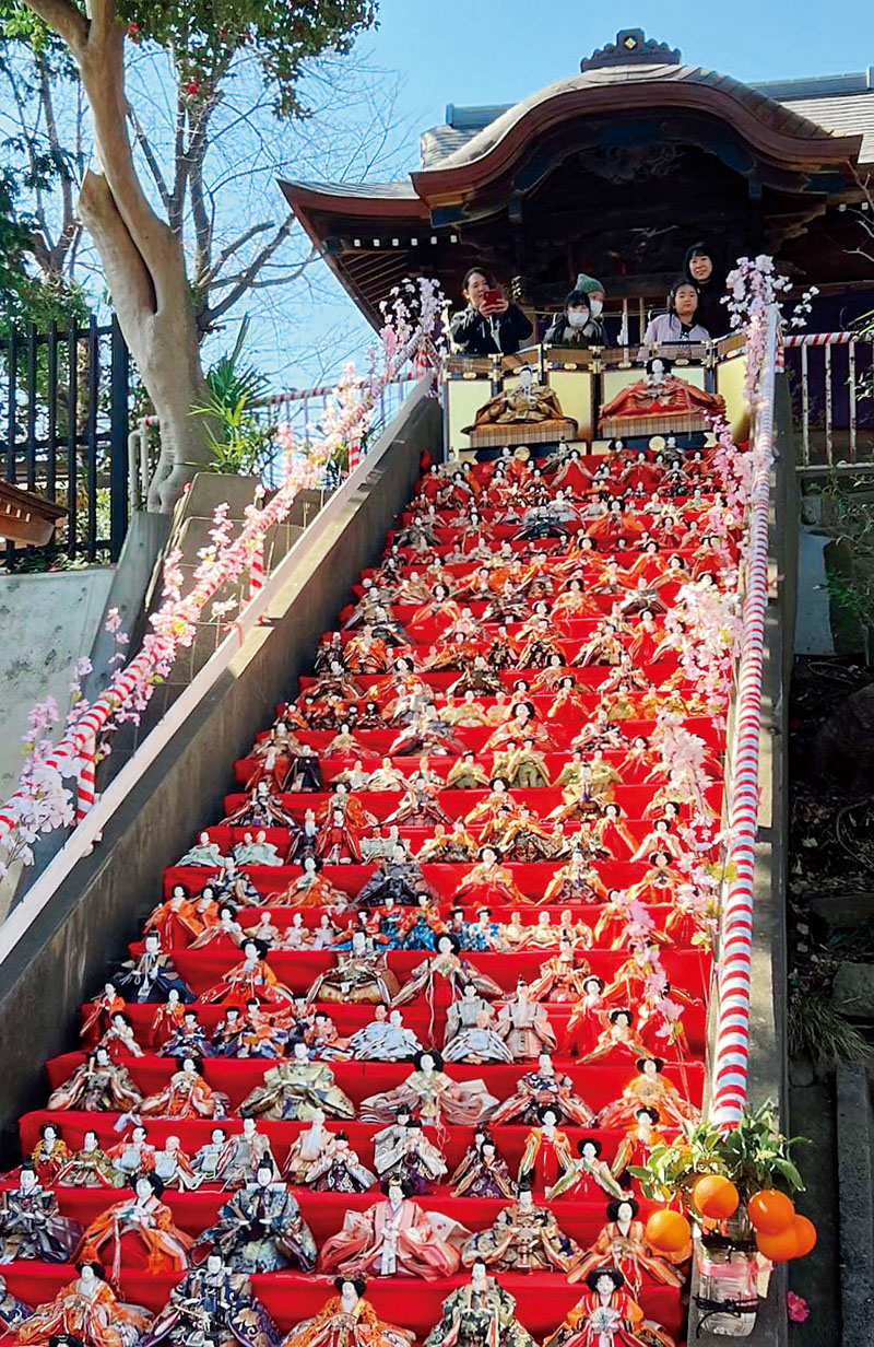 本殿への石段いっぱいに飾られたひな人形＝24日、埼玉県さいたま市岩槻区の愛宕神社