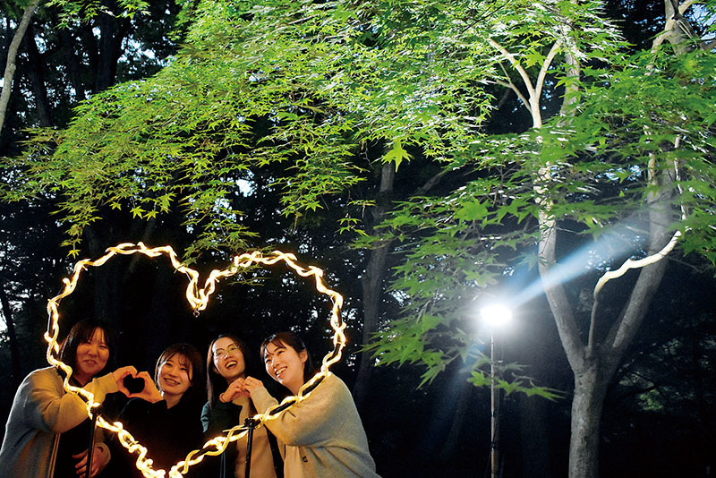 アオモミジが映えるライトアップ＝3日午後6時半ごろ、長瀞町長瀞の月の石もみじ公園