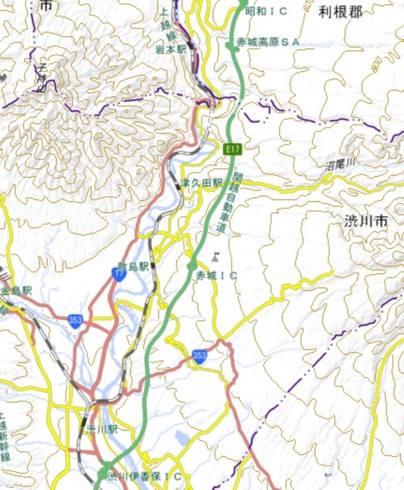 関越自動車道（E17）の渋川伊香保ICから昭和ICまでの周辺地図（国土地理院HPから）