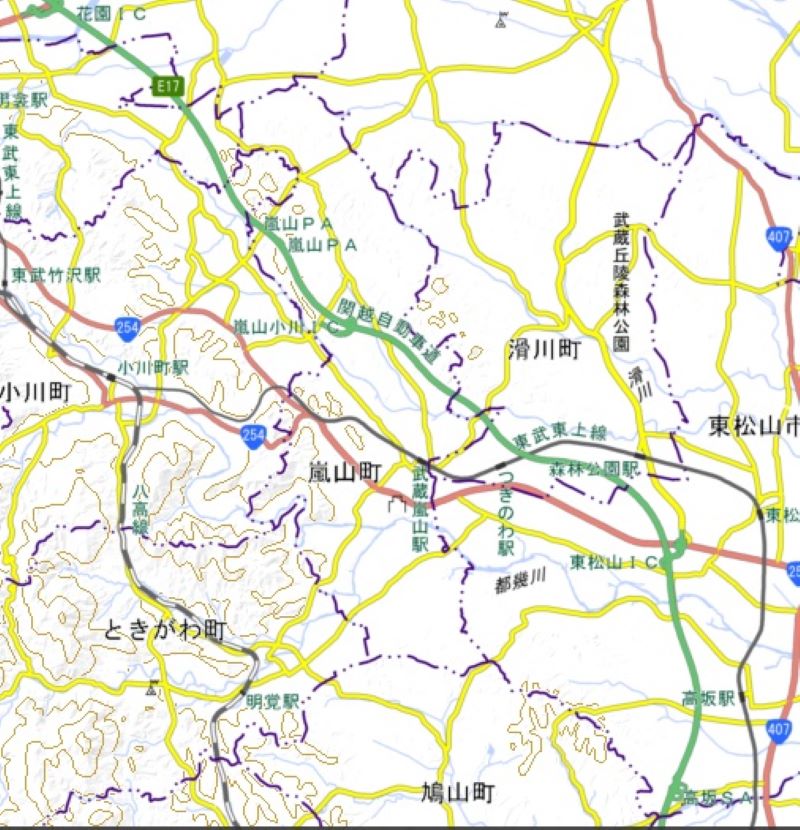 花園ICから高坂SAまでの周辺地図（国土地理院HPから）