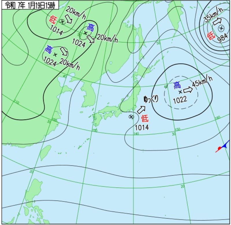 天気図（19日午後3時、気象庁HPから）