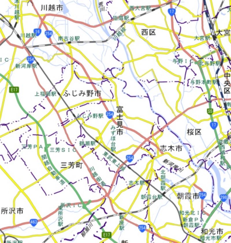 和光市―川越市駅間の地図（国土地理院HPから）