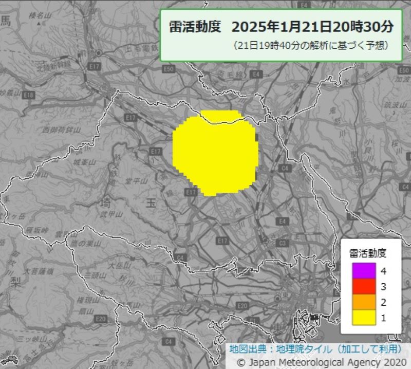 雷活動度（21日午後8時30分の予想図　気象庁HPから）