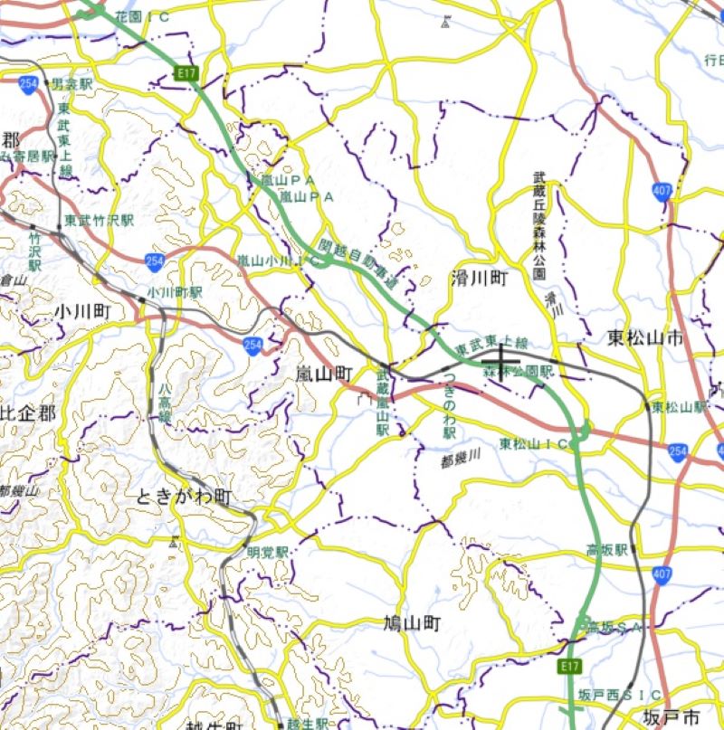 花園ICから坂戸西スマートIC（国土地理院HPから）