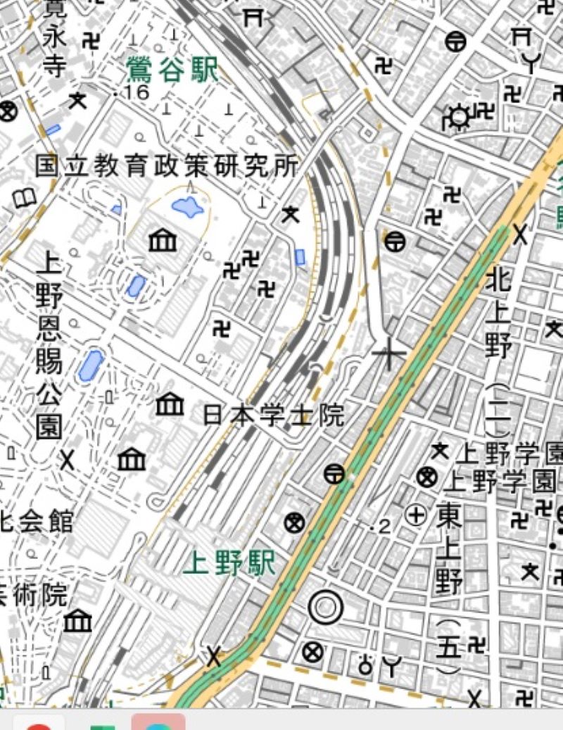 鶯谷―上野駅間（国土地理院HPから）