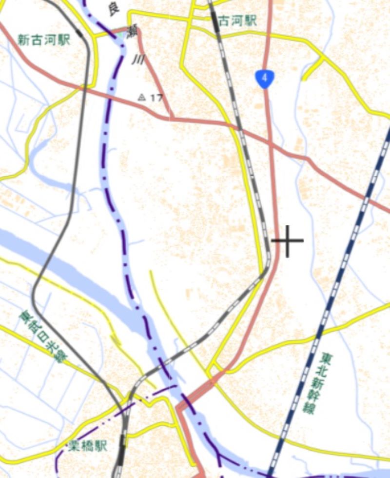 栗橋―古河駅の位置（国土地理院HPから）