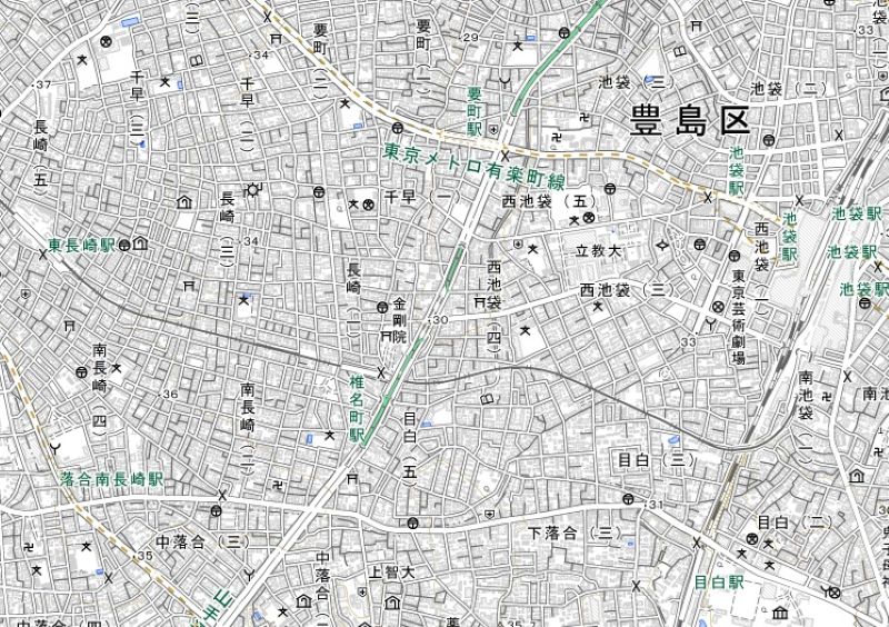 椎名町―東長崎駅間の周辺図（国土地理院HPから）