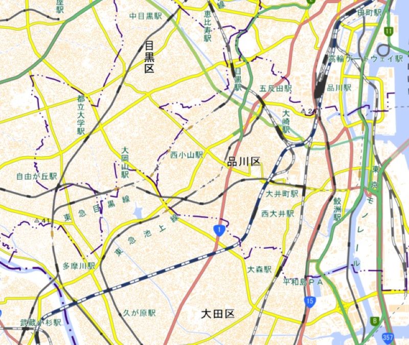西大井―武蔵小杉駅駅の周辺地図（国土地理院HPから）