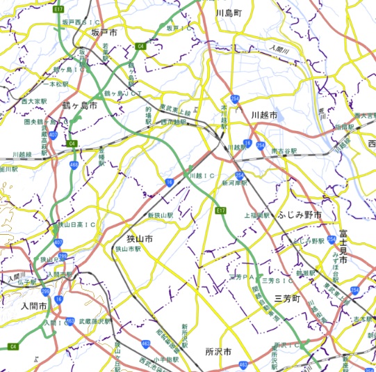 関越道（E17）所沢IC―鶴ヶ島JCTの周辺地図（国土地理院HPから）