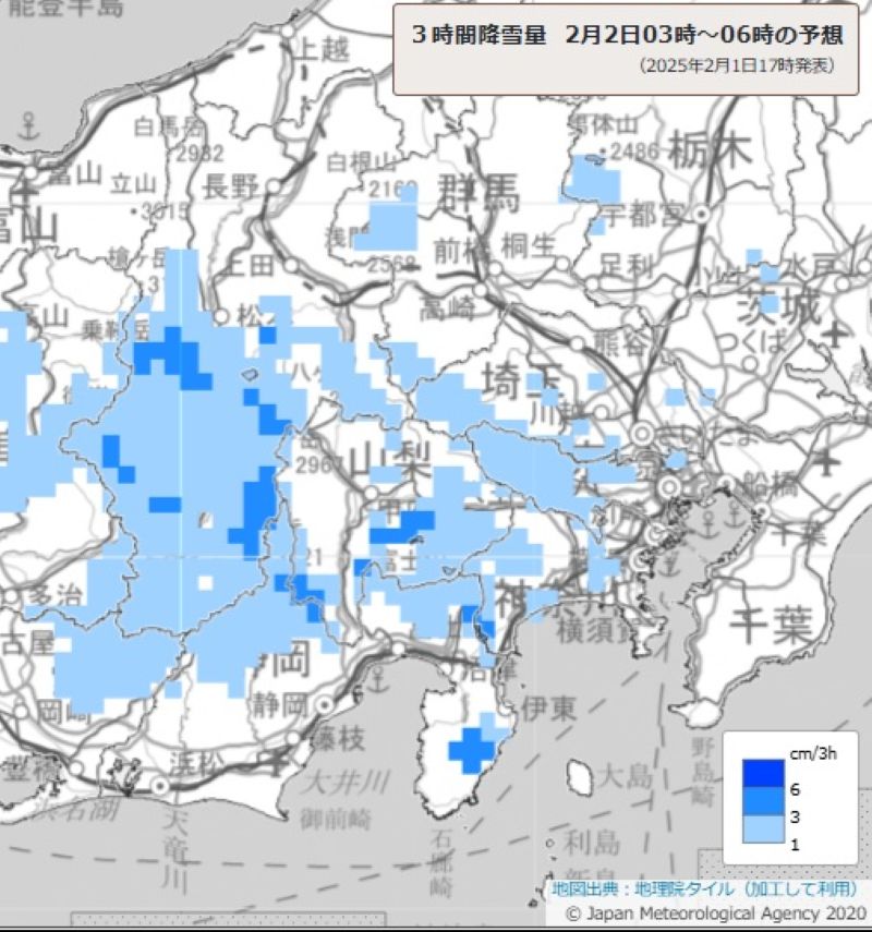 2日午前3時から6時の降雪量予想図（気象庁HPから）