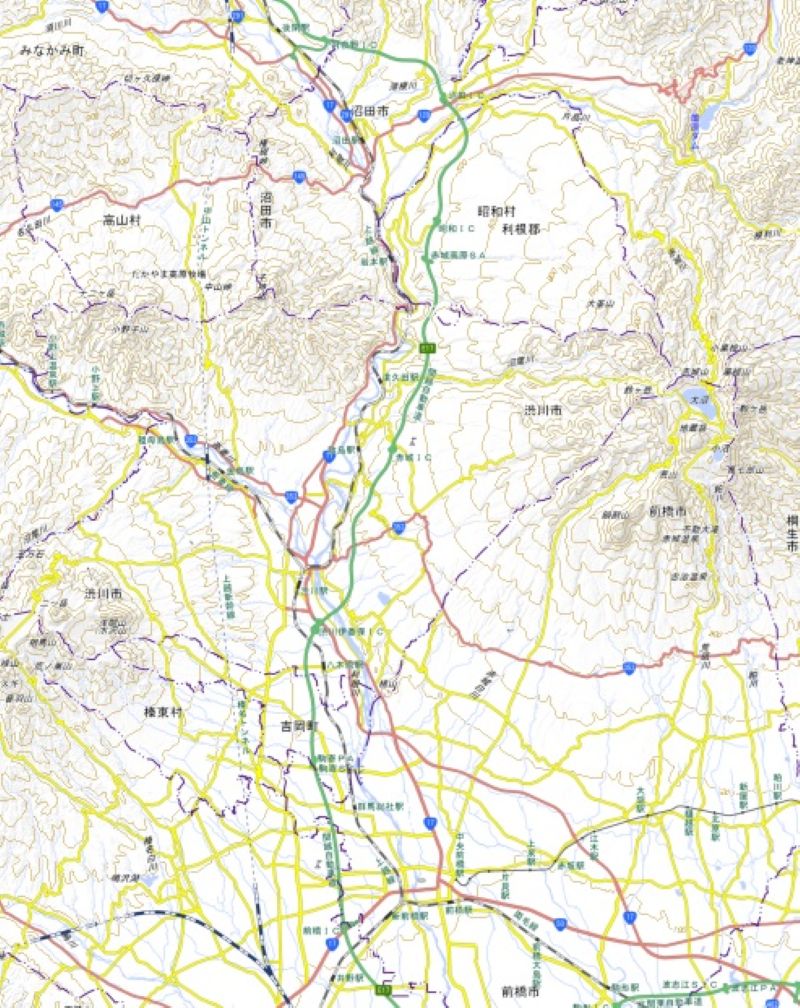 関越道　月夜野IC―赤城IC―前橋ICの位置（国土地理院HPから