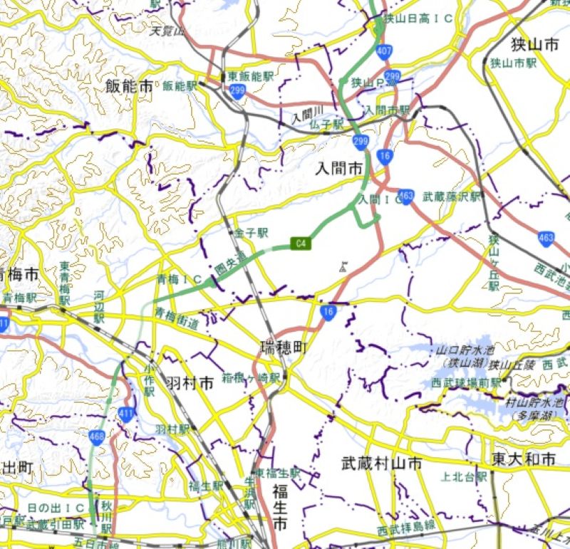 日の出IC―狭山日高ICの周辺図（国土地理院HPから）