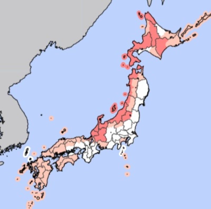 8日までに大雪警報が出る可能性のある地域（早期注意情報、気象庁HPから）