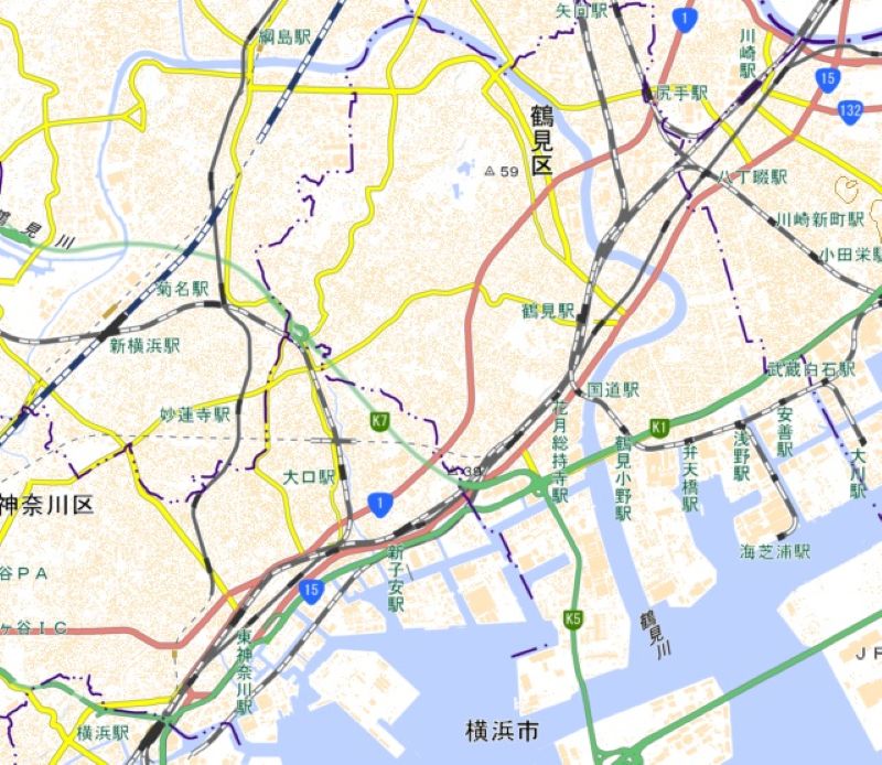 新子安駅の位置と周辺図（国土地理院㏋から）