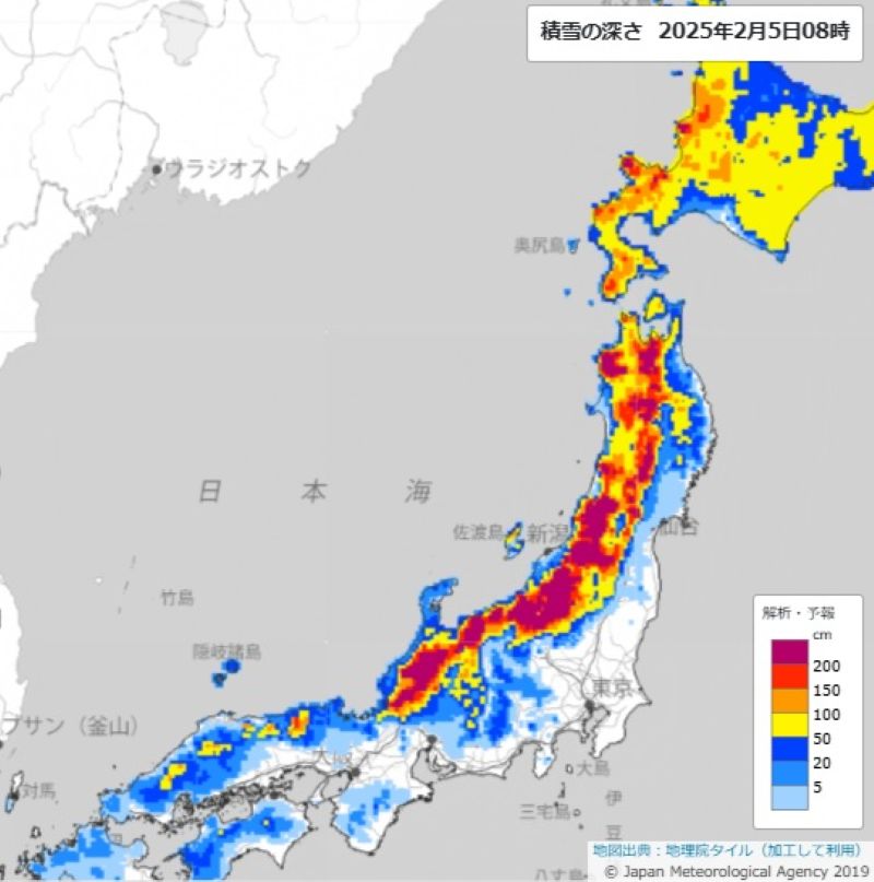 積雪の深さ（5日午前8時、気象庁HPから）