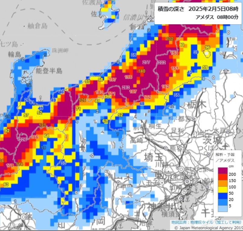 関東甲信越地方の積雪の深さ（5日午前8時、気象庁HPから）