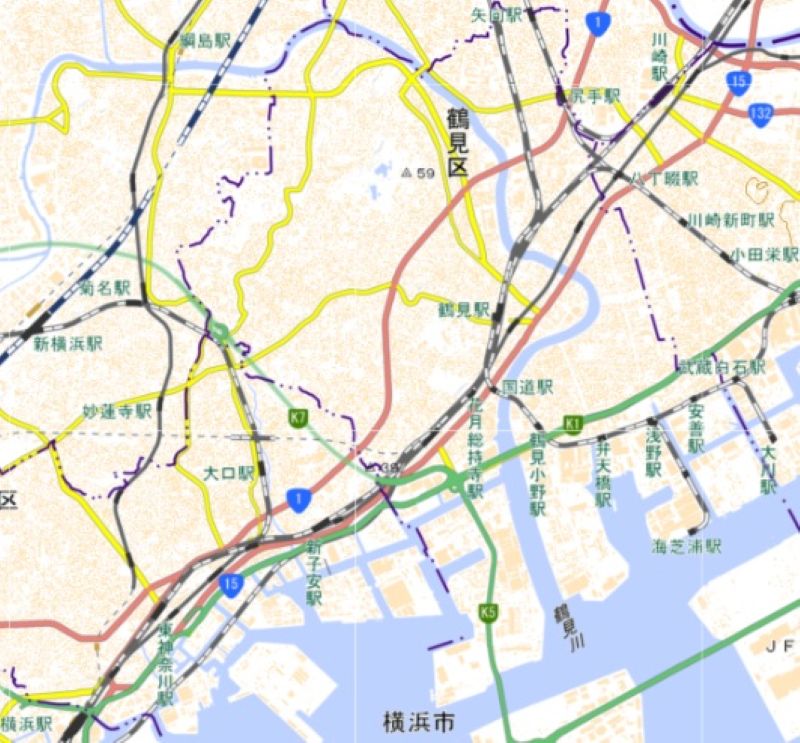 鶴見駅の周辺図（国土地理院㏋から）