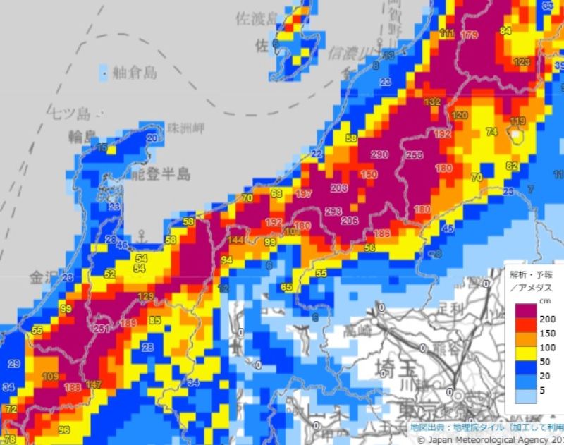 積雪の深さ（6日午前6時、気象庁HPから）