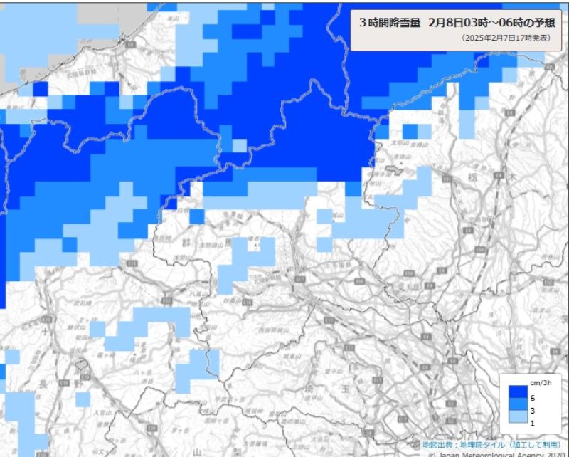 8日朝6時までの雪の予想（3時間降雪量、気象庁HPから）