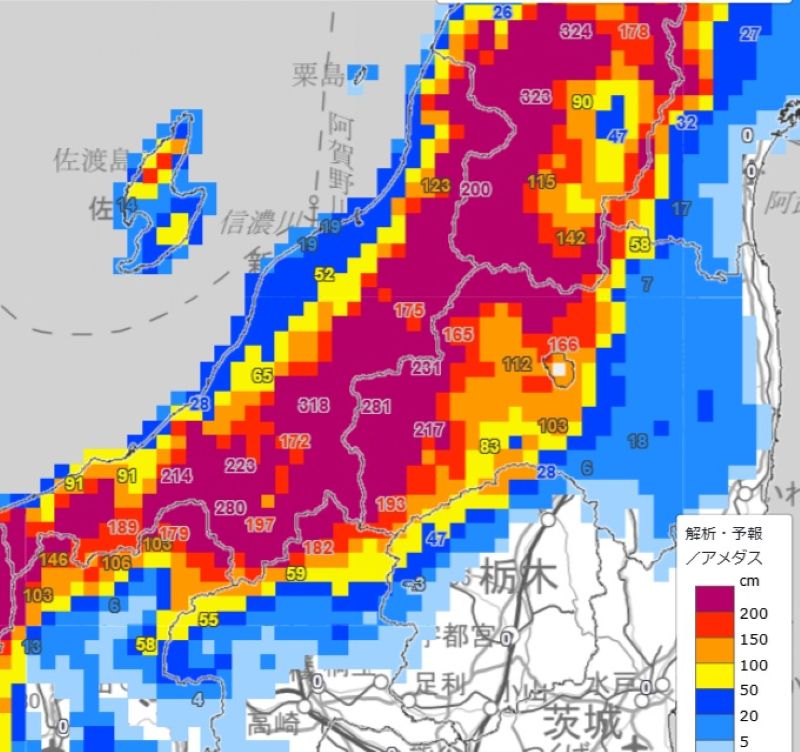 積雪の深さ（7日午後5時、気象庁HPから）