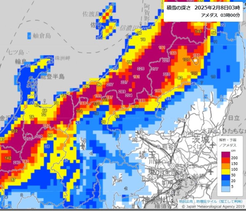 積雪の深さ（8日午前5時、気象庁HPから）