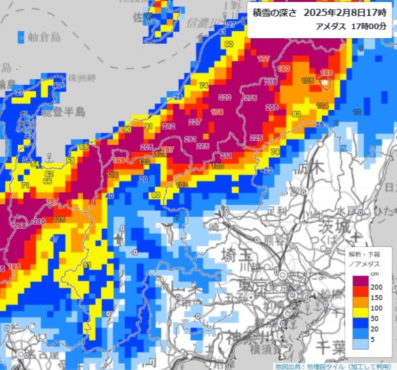 8日午後5時現在の積雪の深さ（気象庁HPから）