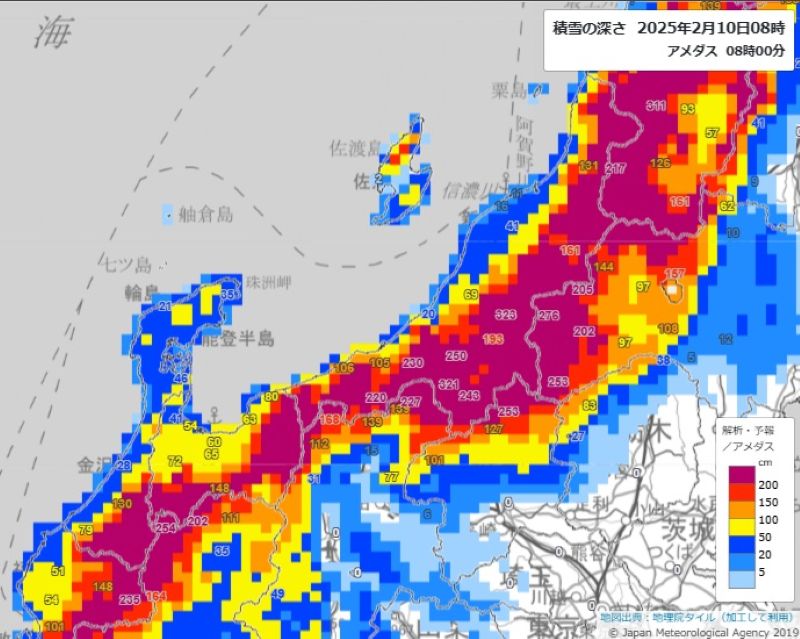 積雪の深さ（10日午前8時、気象庁HPから）