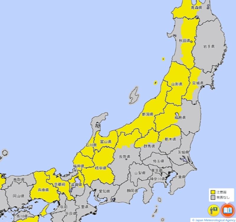 なだれ注意報が出ているエリア（10日午前8時、気象庁HPから）