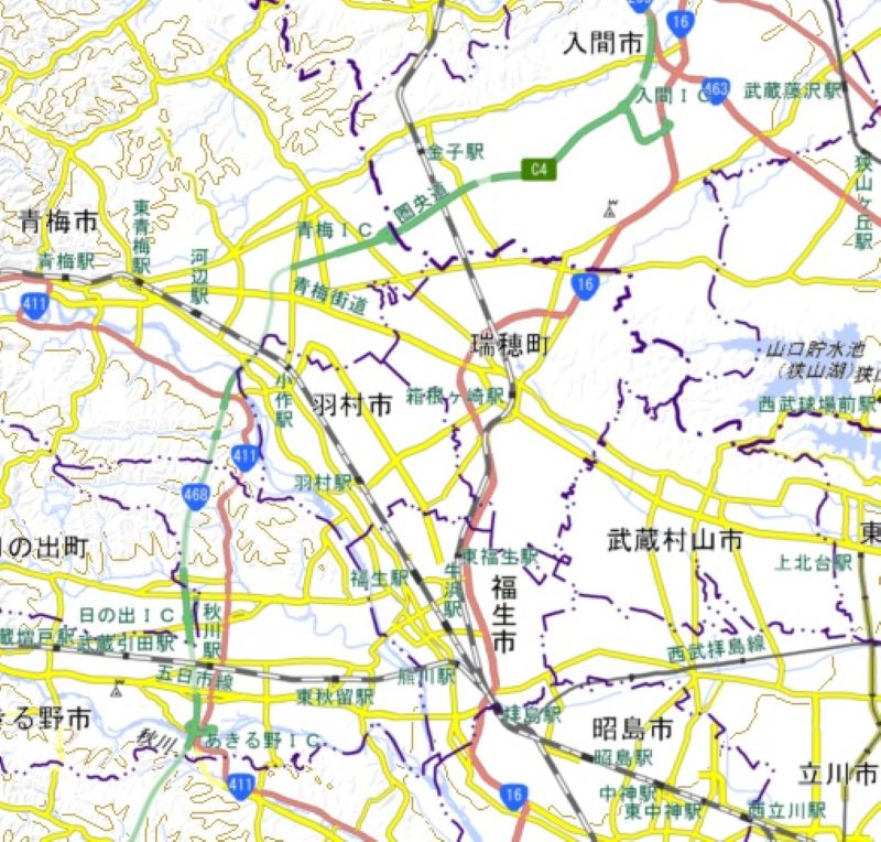 入間IC―あきる野ICの周辺図（国土地理院HPから）