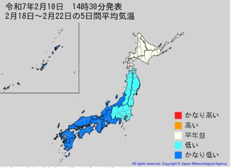 2週間気温予報（18日―22日の平均　気象庁発表）