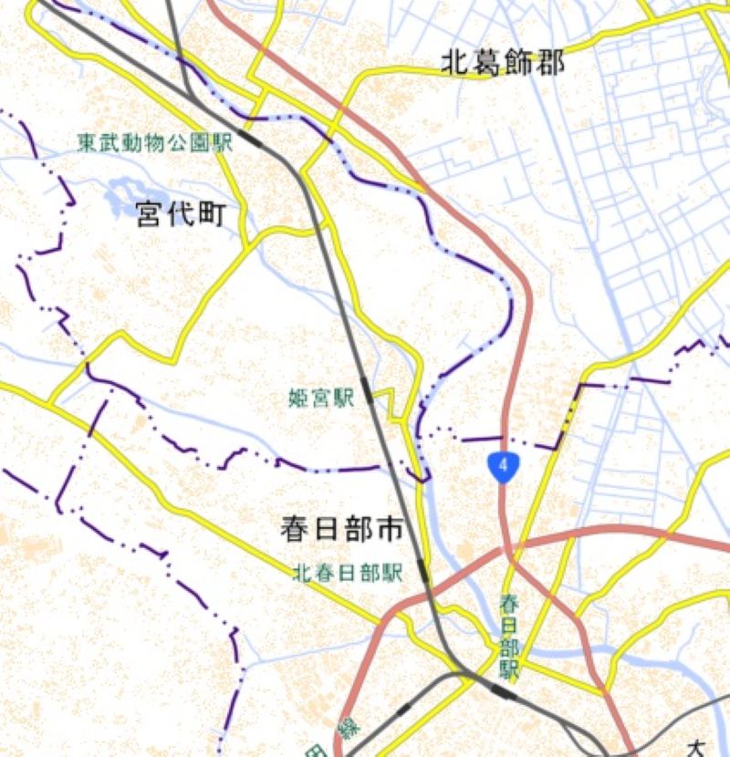 北春日部駅―姫宮駅の周辺図（国土地理院HPから）