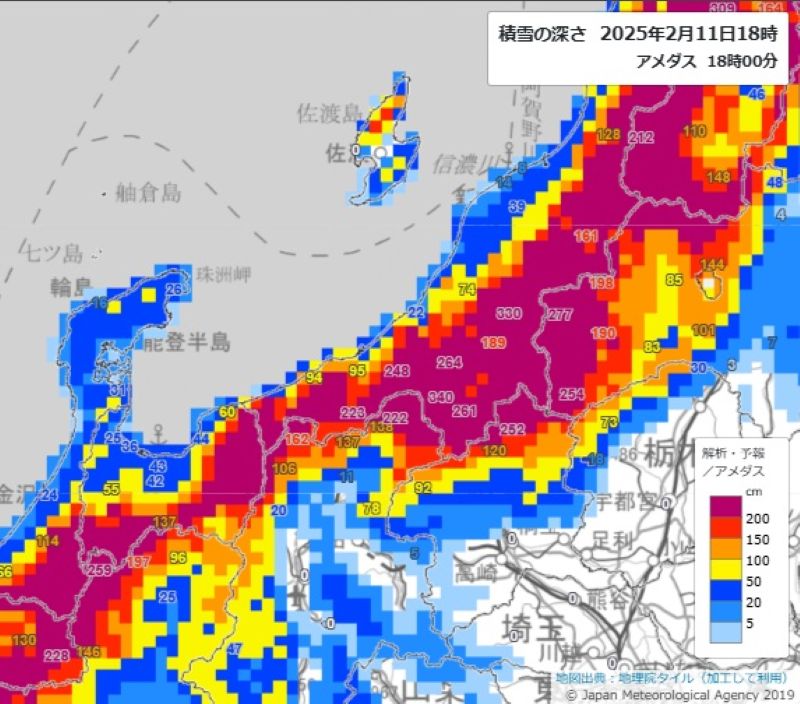 11日午後6時の積雪の深さ（国土地理院HPから）