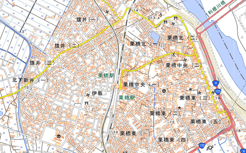 栗橋駅（埼玉県久喜市栗橋北1丁目）の周辺地図＝国土地理院HPから