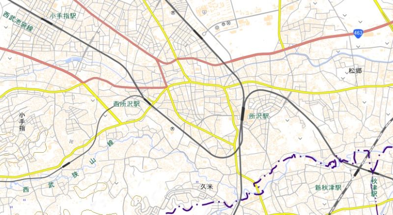 西所沢―所沢駅間の周辺図（国土地理院HPから）