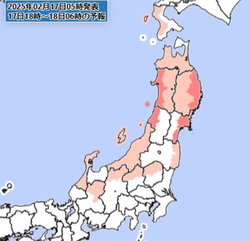 17日午後6時から大雪警報が発表される可能性のあるエリア