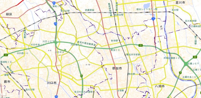 三郷JCT―川口西ICの位置と周辺図（国土地理院HPから）