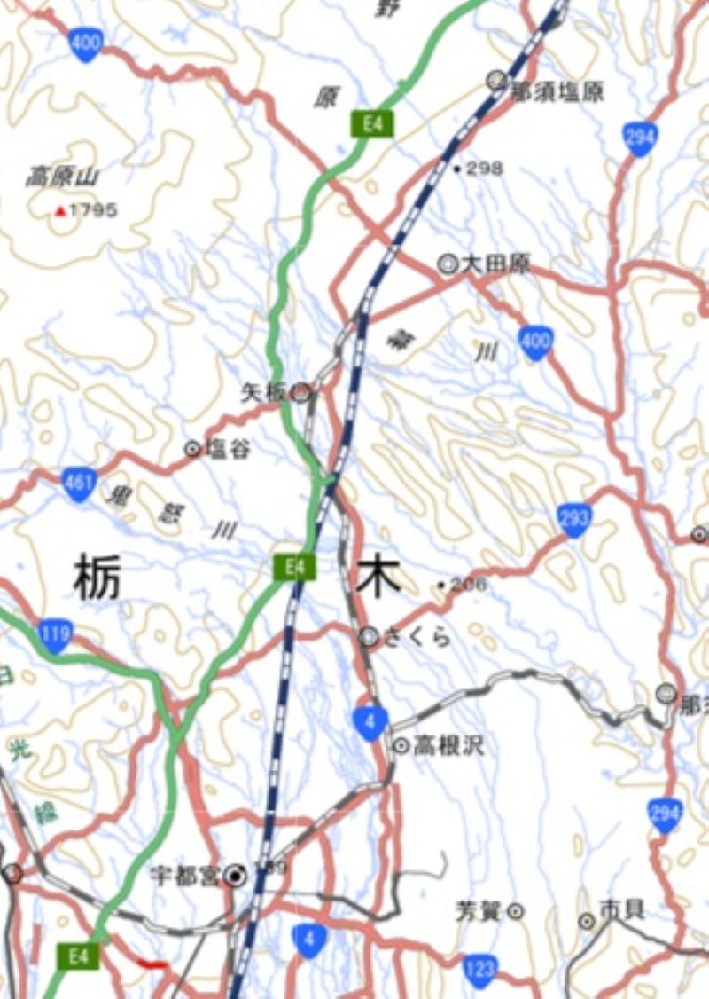 宇都宮―那須塩原駅間の地図（国土地理院HPから）