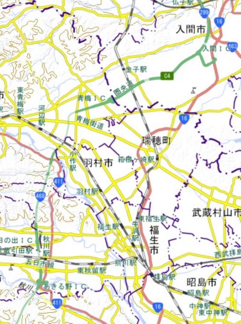 入間インターチェンジIC―あきる野ICの周辺図（国土地理院HPから）