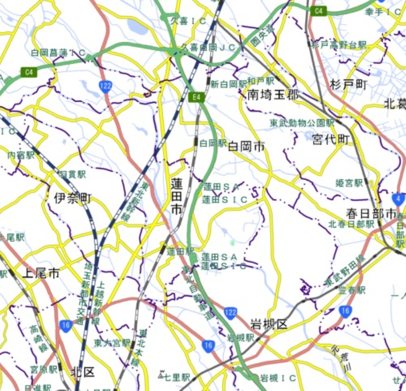 岩槻ICから久喜白岡JCTまでの周辺地図（国土地理院HPから）