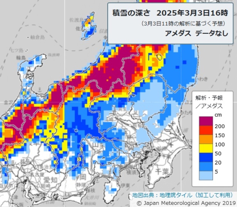 積雪の深さの予報（3日午後5時、気象庁HPから）