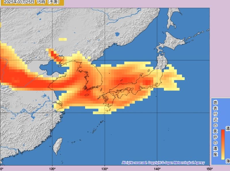 黄砂の予測（25日午後3時、気象庁HPから）
