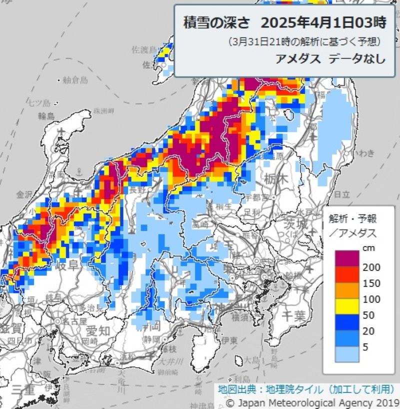 4月1日午前3時の積雪予想（気象庁HPから）