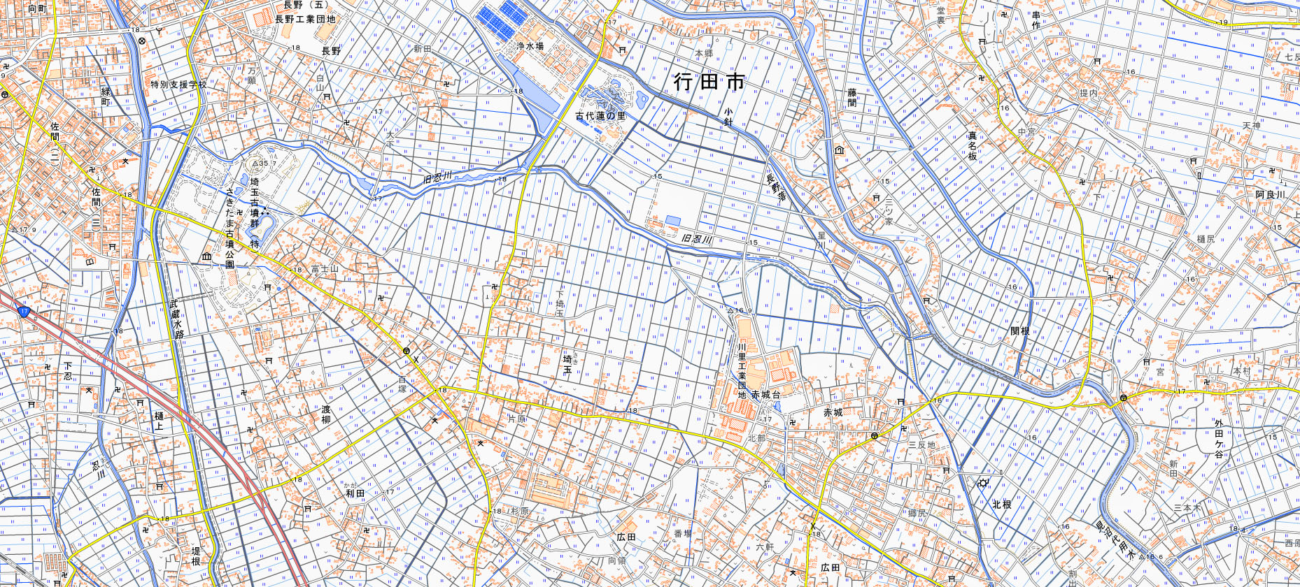 鴻巣市（赤城、北根）と行田市（小針、真名板）の拡大地図（国土地理院HPより）